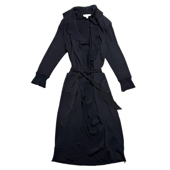 Vintage ST. JOHN Collection Knit Long Kelly Cardigan 6 Black Ruffle Belted Maxi - Picture 1 of 16